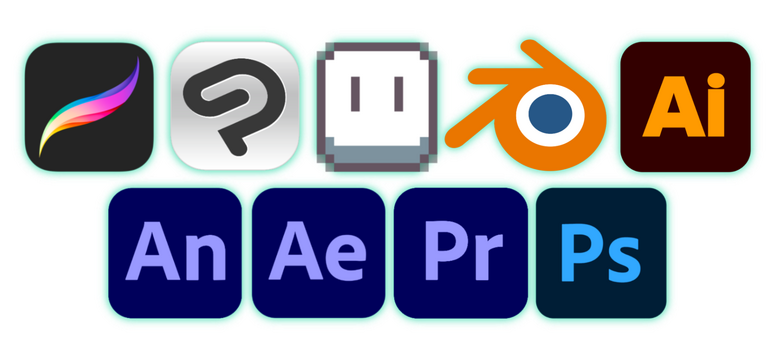 Procreate, Clip Studio Paint, Aseprite, Animate, After Effects, Premiere.